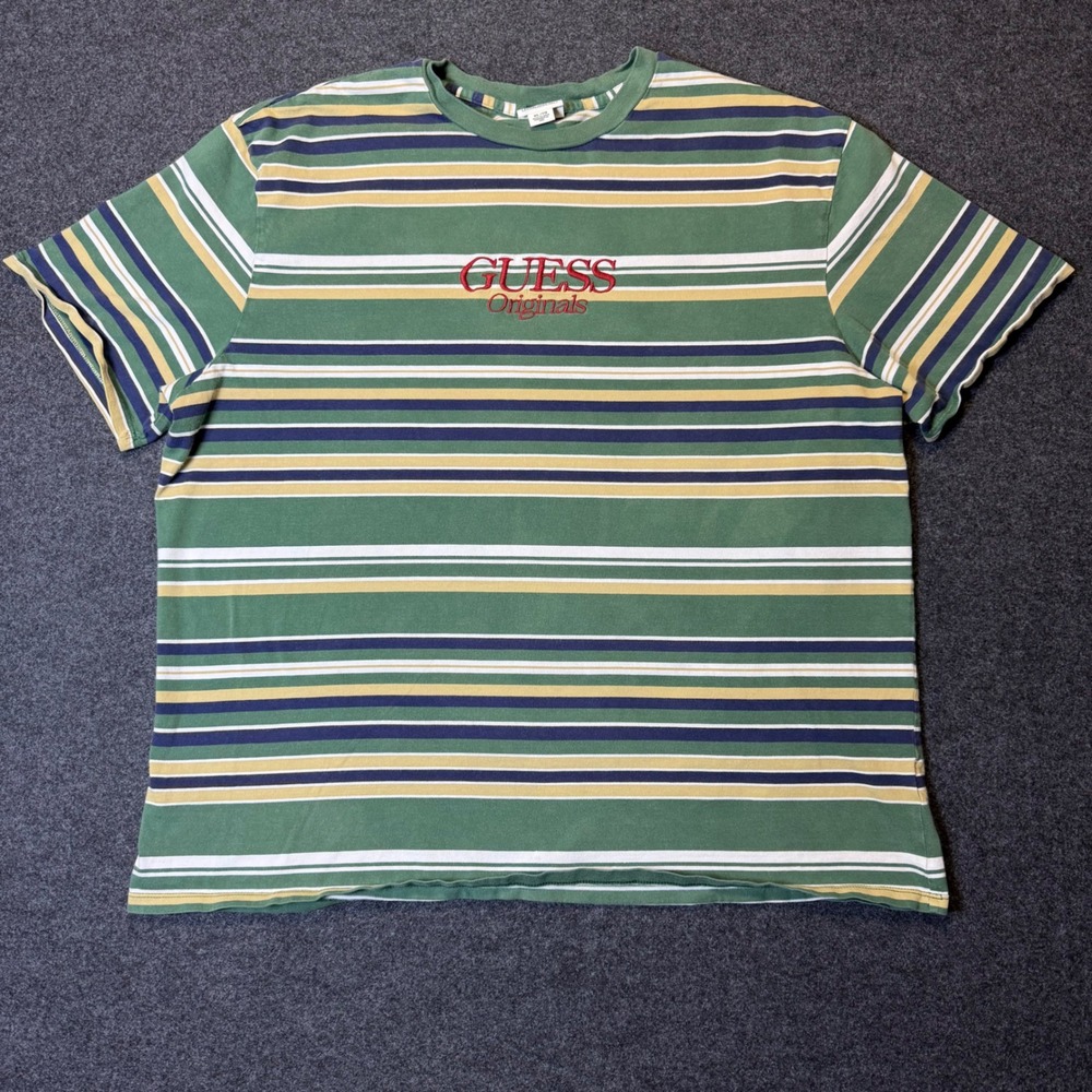 Y2K Guess Originals T-Shirt Mens XL Green Striped Retro Embroidered Logo Tee